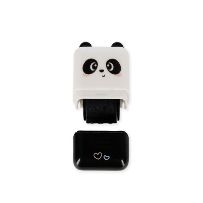 Carimbo de borracha com personagem panda e tampa preta com corações