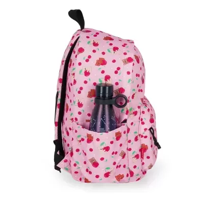 Mochila rosa com padrão de ursos e cerejas e garrafa metálica roxa