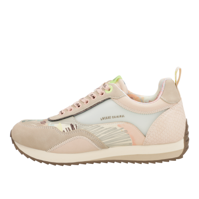Ténis casual André Original bege e rosa claro com padrão e sola branca.