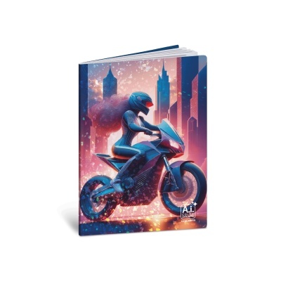 Livro com capa ilustrada de motociclista futurista numa mota, fundos urbanos ao pôr do sol