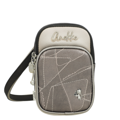 Mala pequena cinza e bege com padrão e aplicação metálica do nome Anekke.