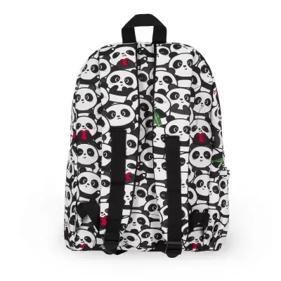 Mochila branca com padrão de pandas pretos e brancos vista traseira