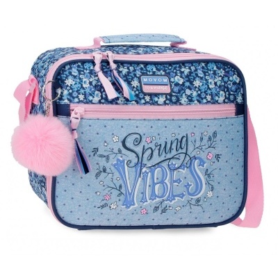 Mala de ombro azul e rosa com padrão floral e texto Spring VIBES