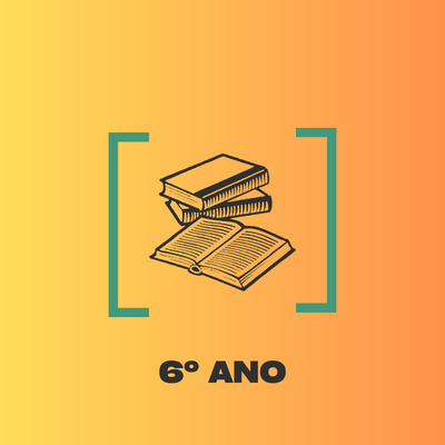 Ícone preto de livros empilhados e abertos sobre fundo laranja com texto 6º ANO