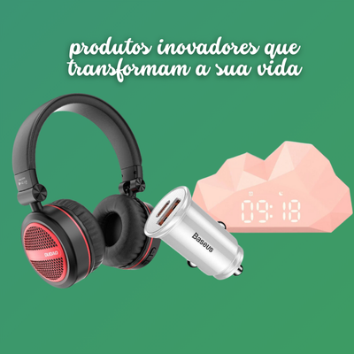 Ausculatores, carregador de carro Baseus e relógio digital em forma de nuvem sobre fundo verde com texto em branco.