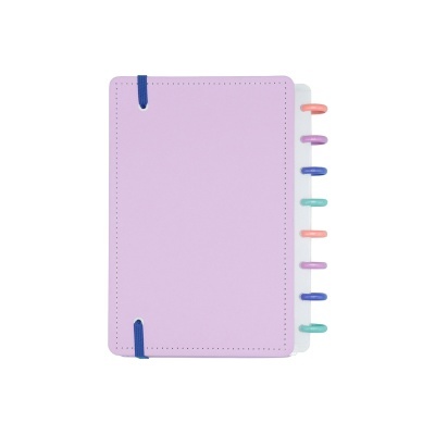 Caderno lilás com elástico azul e discos coloridos