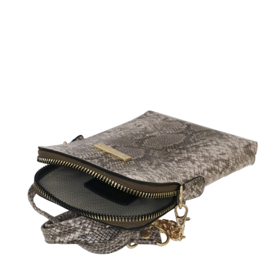 Mala pequena padrão pele de cobra cinza com fecho dourado e interior cinzento em padrão espinha de peixe