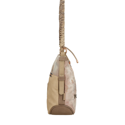 Mala de mão bege e rosa com alça trançada e detalhes em couro sintético