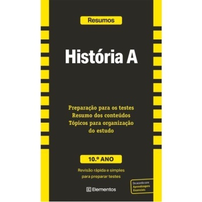 Capa de livro preta e amarela com texto em português para estudo de História do 10.º Ano