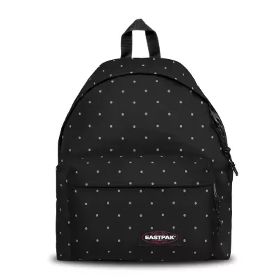 Mochila preta com padrão de pontos cinzentos e etiqueta EASTPAK
