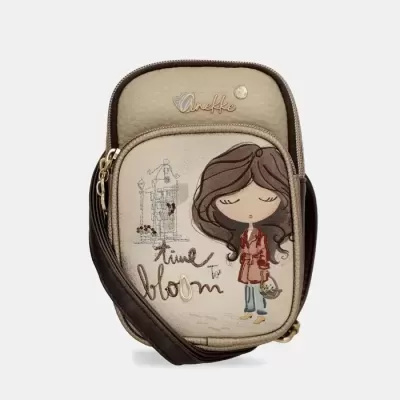 Bolsa Anekke bege e castanho com desenho de rapariga e texto time to bloom