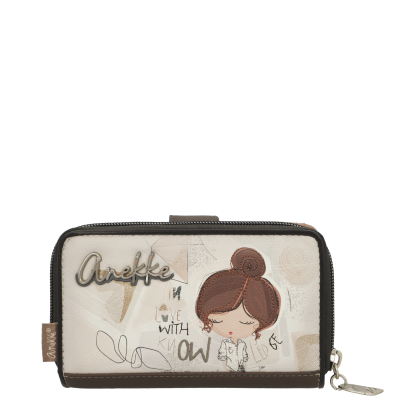 Carteira bege e castanha com ilustração de menina e texto Anekke