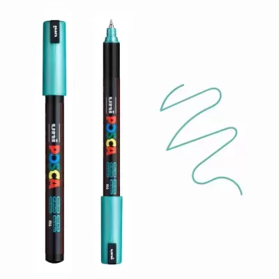 Caneta Uni POSCA PC3M preta com tampa azul e traço azul