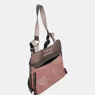 Mala castanha com alça de ombro, textura tipo croco, corações e frase 