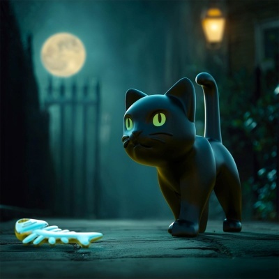 Estátua de gato preto com olhos verdes e objeto em forma de espinha de peixe sobre chão de pedra à noite