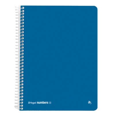 Caderno azul em espiral com texto fegol numbers e logótipo a5