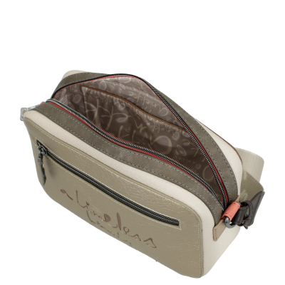 Mala transversal bege e cinza com fecho de correr e bolso frontal