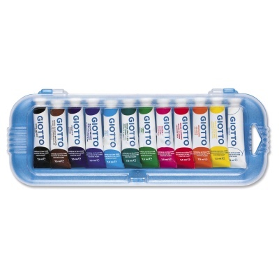 Estojo transparente com 12 tubos de tinta de várias cores da marca Giotto