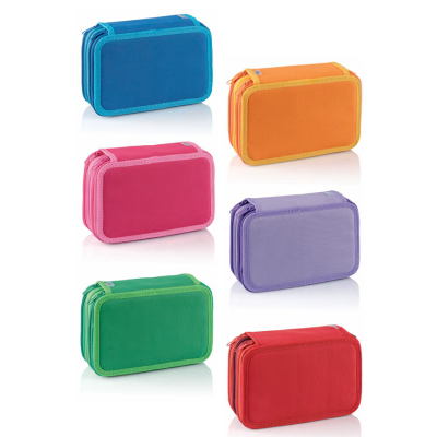 seis bolsas retangulares coloridas com fechos zip