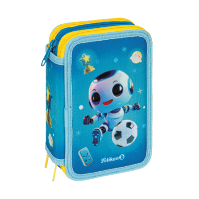Estojo escolar azul com zíper amarelo e azul e robô a jogar futebol