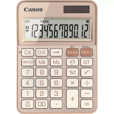 Calculadora Canon bege com ecrã digital e botões com funções matemáticas