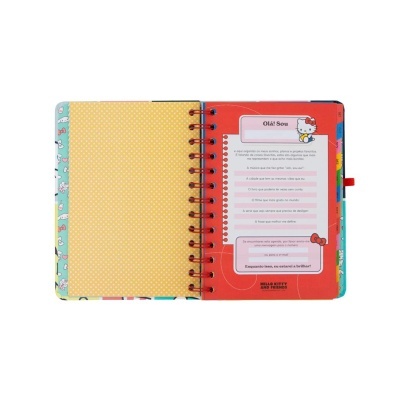 Agenda espiralada Hello Kitty com páginas interiores coloridas e secções para preenchimento pessoal