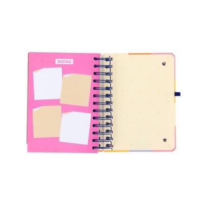 Caderno colorido aberto com notas autocolantes e texto NOTAS