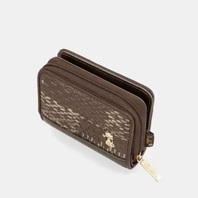 Carteira castanha e bege com fecho zip duplo e símbolo dourado