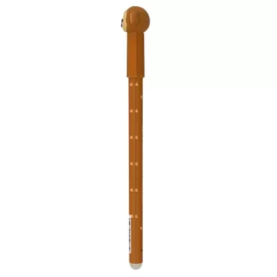 Caneta castanha com tampa em forma de cabeça de cão e pequenos corações brancos no corpo.