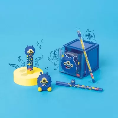 Material de escritório com design de monstro azul e amarelo