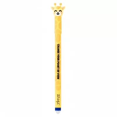 Caneta amarela com padrão de girafa e texto inspiracional
