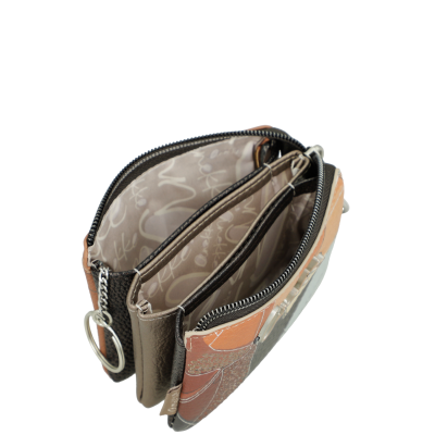 Carteira pequena com padrão castanho e fecho de correr preto