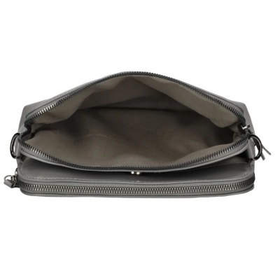 Bolsa cinzenta com interior em tecido cinzento claro e fecho de correr aberto