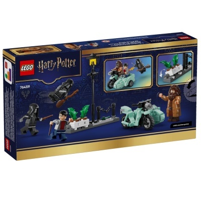 Caixa LEGO Harry Potter com minifiguras e motocicleta em cenário
