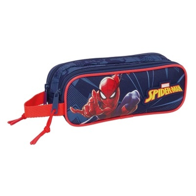 Estojo escolar Spider-Man azul e vermelho com imagem do personagem e duas divisões.