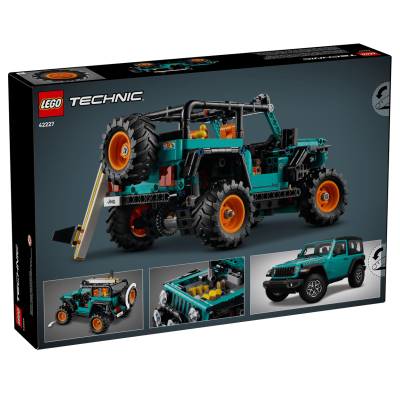 Caixa de lego Technic com modelo de jipe verde azul e rodas com detalhes laranja