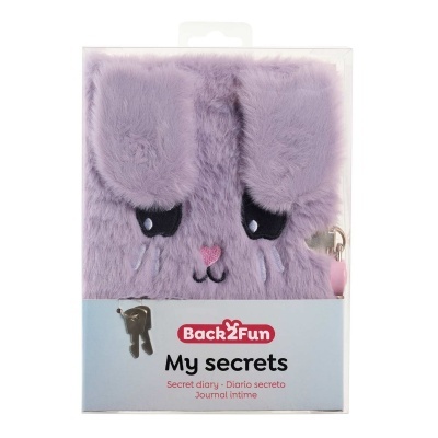 Diário secreto peludo cor lilás com olhos bordados e fecho com cadeado