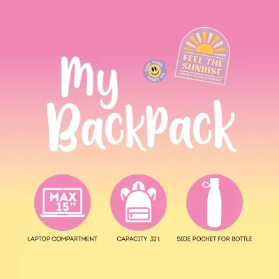 Texto My BackPack com autocolantes e ícones de características em fundo rosa para amarelo