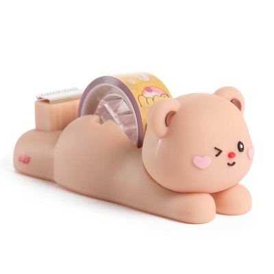 Dispensador de fita adesiva urso cor de pele com fita amarela e padrão colorido