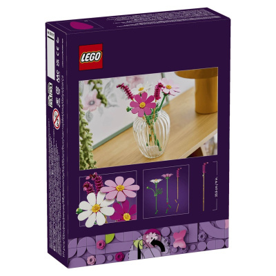 Caixa LEGO com conjunto de flores artificiais em plástico de várias cores e vaso de vidro