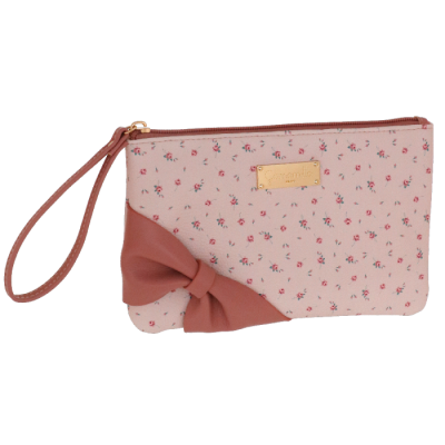 Bolsa de mão rosa com padrão de flores pequenas e laço rosa