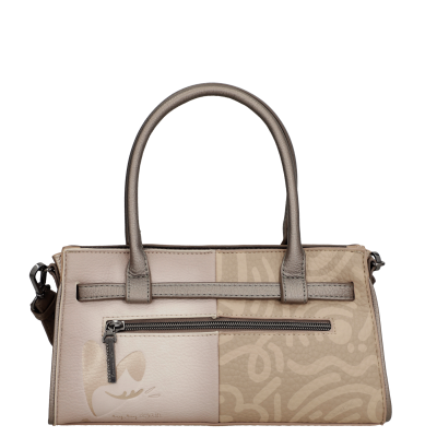 Mala retangular bege com alças e bolso frontal zipado