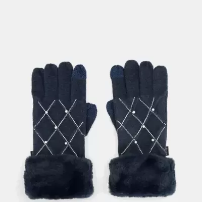 Luvas pretas com padrão de losangos e punho de pelo