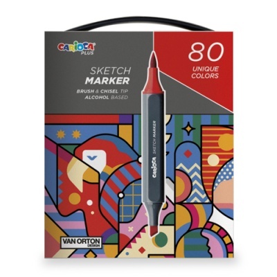 Caixa colorida de 80 marcadores duplos Carioca Plus com arte abstrata