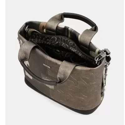 Mala de mão de couro sintético castanho com interior forrado estampado