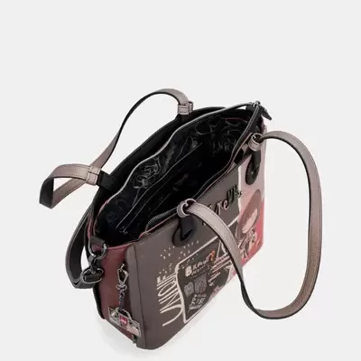 Mala de ombro castanha e vermelha com estampados e interior preto com padrão