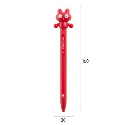 Caneta vermelha com figura de animal na extremidade superior e texto OWLIE HUG no clip