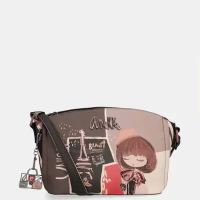 Mala tiracolo castanha e rosa com ilustração infantil e pendente metálico