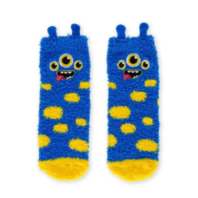Meias felpudas em azul e amarelo com rosto de monstro e textura aveludada