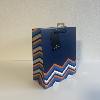 Saco de papel azul com padrão em zig-zag colorido e etiqueta preta Zara Man